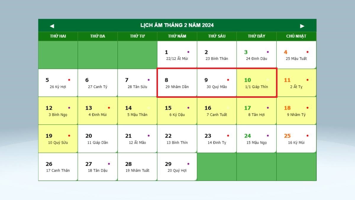 Lịch âm tháng 2 năm 2024, hiển thị các ngày trong tuần và ngày âm lịch tương ứng.