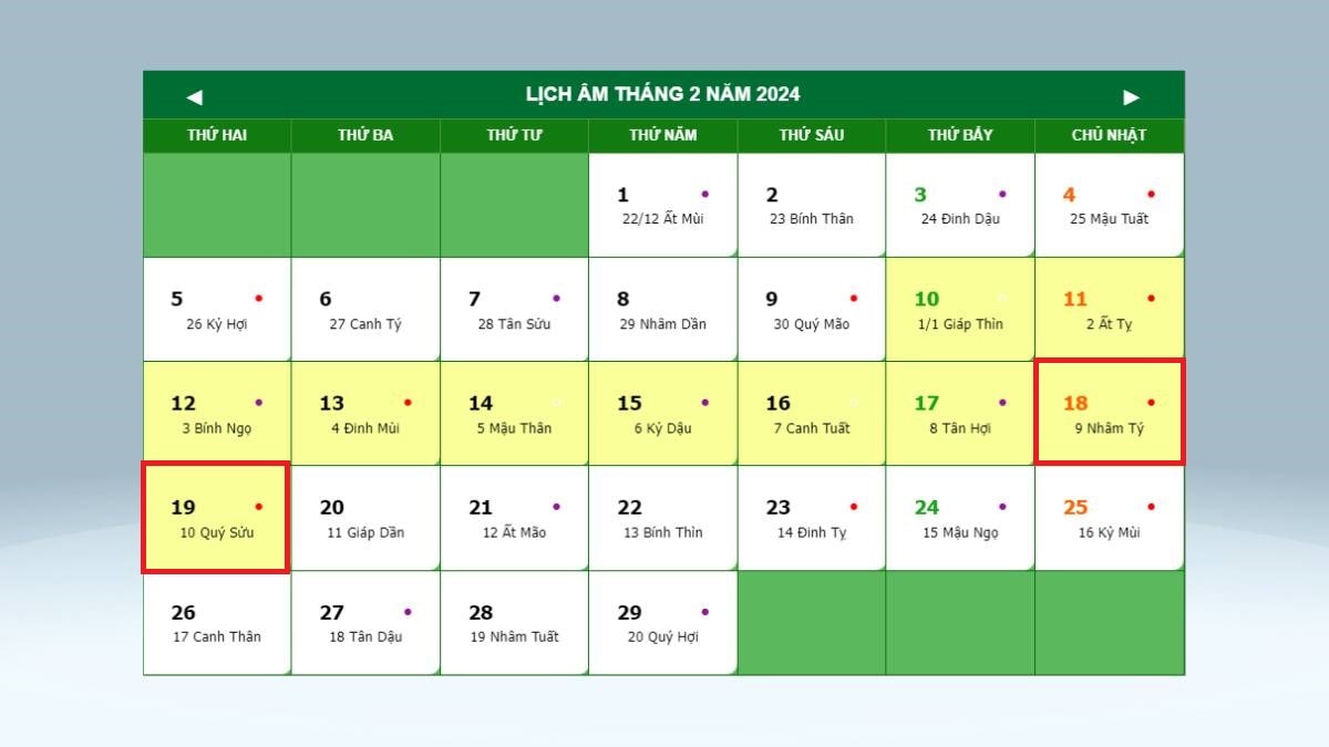 Lịch âm tháng 2 năm 2024 với các ngày và can chi, có tô màu cho ngày đặc biệt.