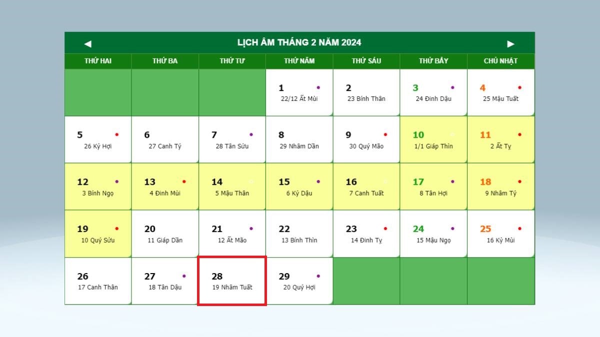 Lịch âm tháng 2 năm 2024, hiển thị các ngày âm lịch và dương lịch, có đánh dấu màu sắc cho từng ngày.