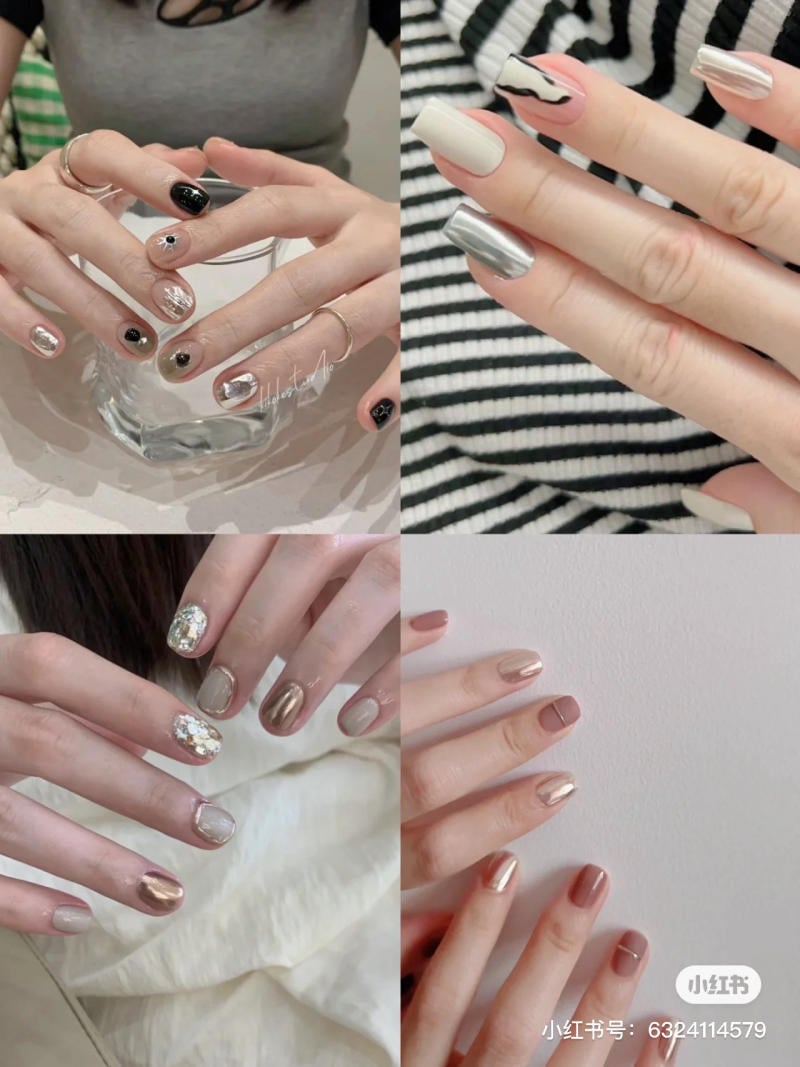 Bốn kiểu m&oacute;ng tay được sơn v&agrave; trang tr&iacute; kh&aacute;c nhau với m&agrave;u sắc v&agrave; họa tiết đa dạng, thể hiện phong c&aacute;ch thời trang.