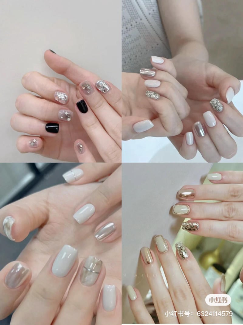 Bốn kiểu m&oacute;ng tay với thiết kế đa dạng, từ đen b&oacute;ng đến &aacute;nh kim v&agrave; trang tr&iacute; lấp l&aacute;nh, tr&ecirc;n nền trắng.