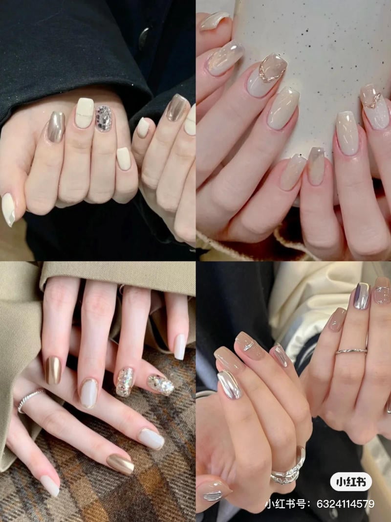 Bộ m&oacute;ng tay được sơn v&agrave; trang tr&iacute; với nhiều kiểu d&aacute;ng v&agrave; m&agrave;u sắc kh&aacute;c nhau, bao gồm t&ocirc;ng nude v&agrave; &aacute;nh kim.