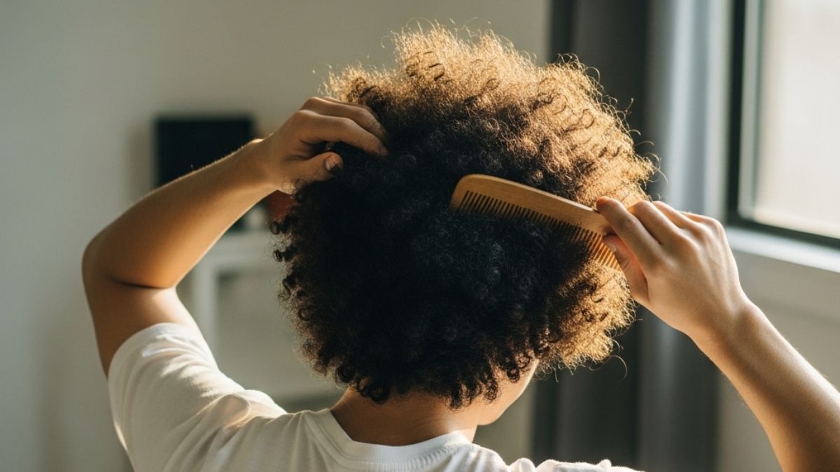 toc-afro-7 Người đang chải tóc xoăn bằng lược gỗ, ánh sáng tự nhiên chiếu qua cửa sổ.