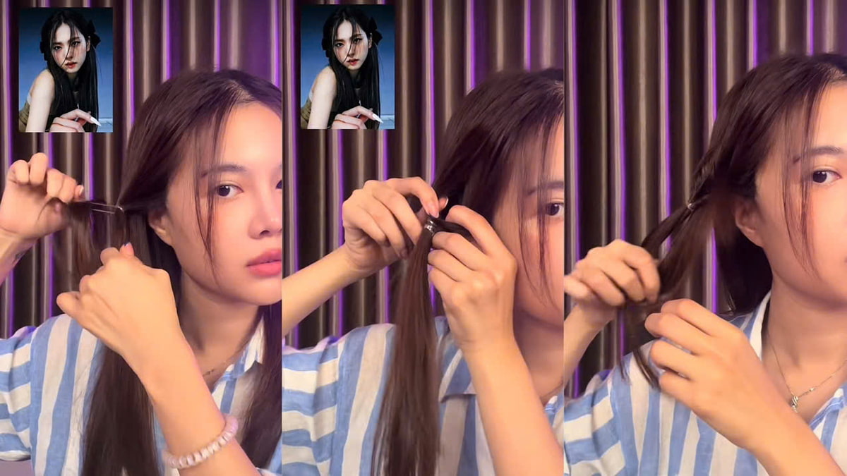 toc-jisoo-10 Người đang tự làm tóc theo hướng dẫn trên màn hình, mặc áo sọc, nền là rèm cửa màu tối.