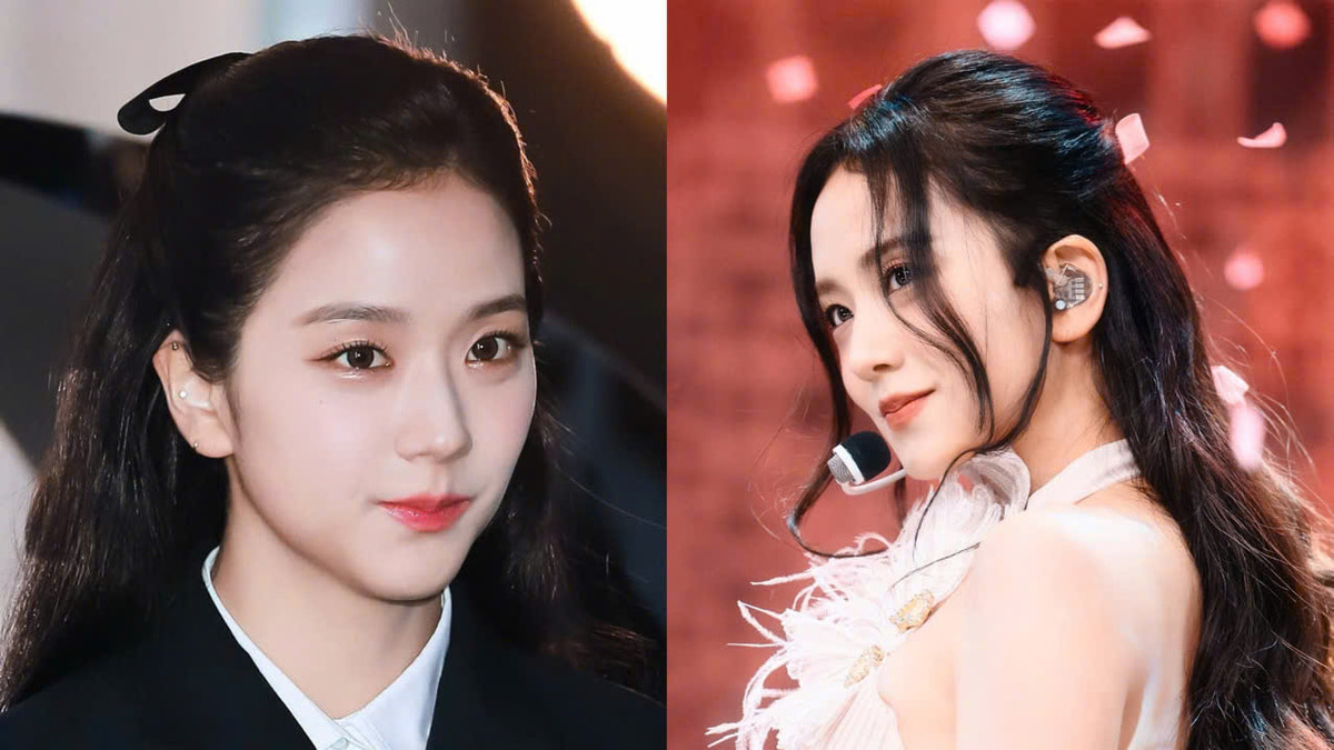 toc-jisoo-6 Hai hình ảnh ghép lại của một người phụ nữ tóc dài, một bên mặc trang phục trang trọng, bên kia biểu diễn trên sân khấu.