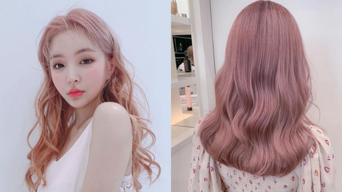 Người tóc dài màu hồng nhạt, tạo kiểu xoăn nhẹ, nhìn từ phía trước và phía sau trong phòng sáng.
