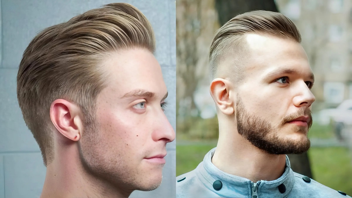 Hai người đàn ông với kiểu tóc undercut, một người không râu và một người có râu, nhìn theo hướng ngang.