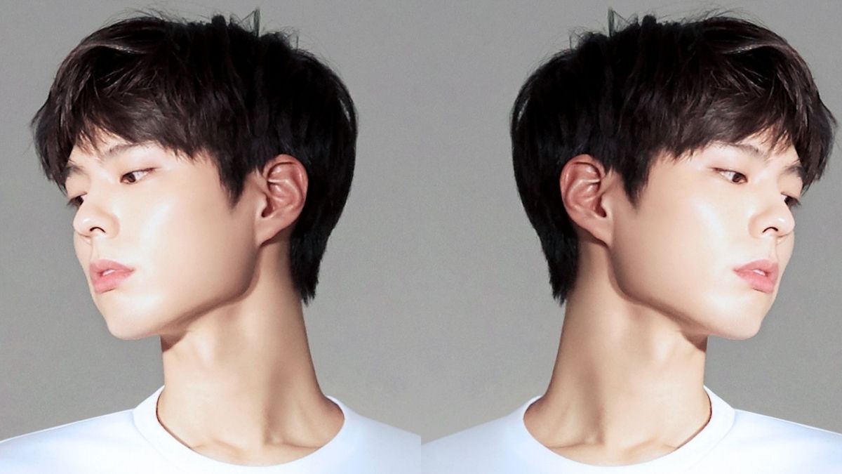 toc-park-bo-gum-3 Hai bức ảnh của một người với góc nhìn nghiêng, tóc ngắn, mặc áo trắng, nền màu xám.