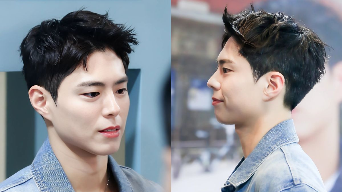 toc-park-bo-gum-5 Hai bức ảnh chân dung của một người đàn ông trẻ, tóc ngắn, mặc áo khoác denim, nhìn nghiêng và chính diện.