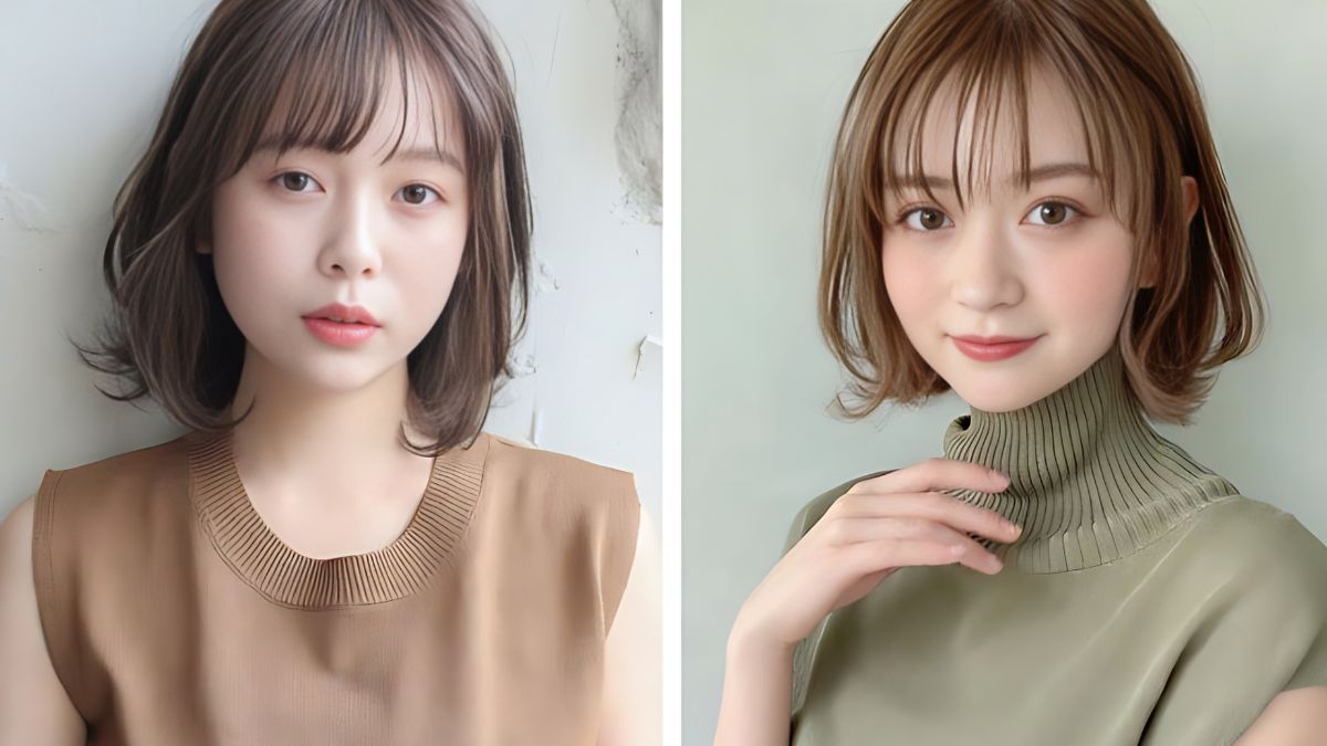 Hai người với kiểu tóc bob và mái thưa, mặc áo màu nâu và xanh lục, đứng trước nền trắng và xanh nhạt.