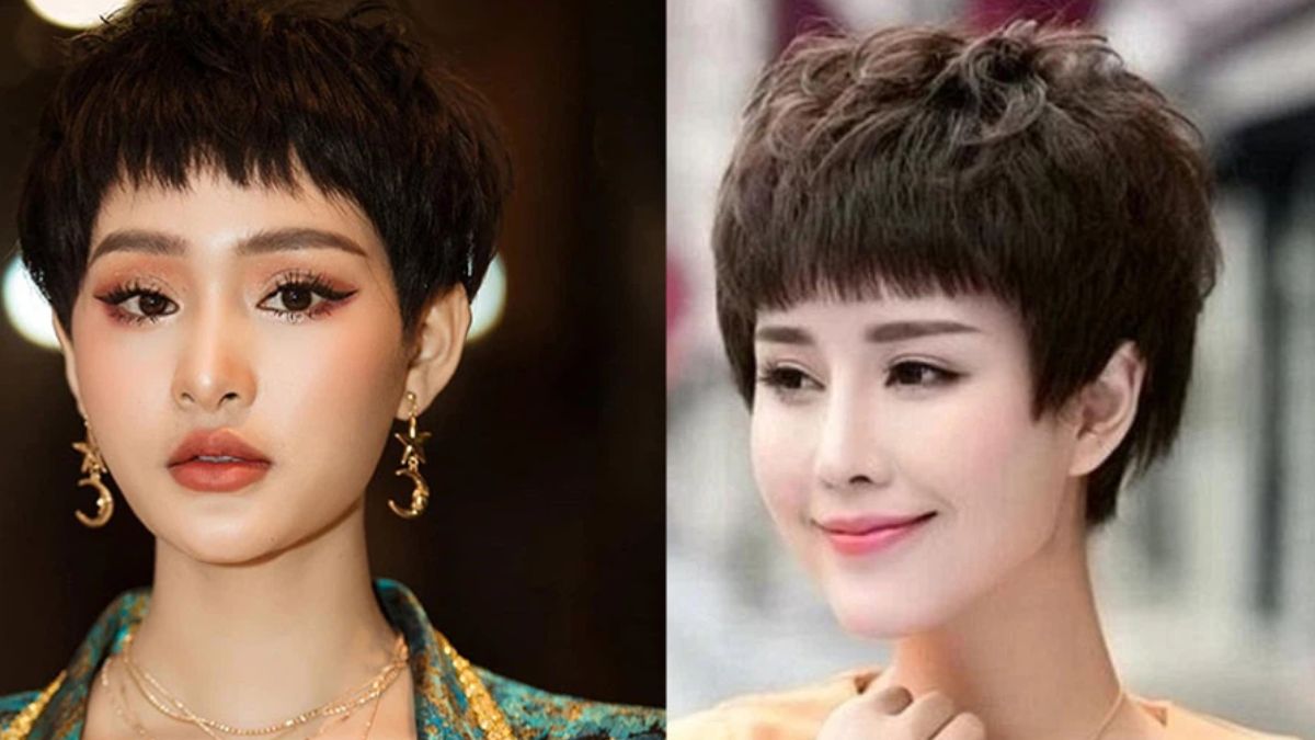 Hai người với kiểu tóc ngắn, trang điểm tinh tế, đang nhìn về phía camera.