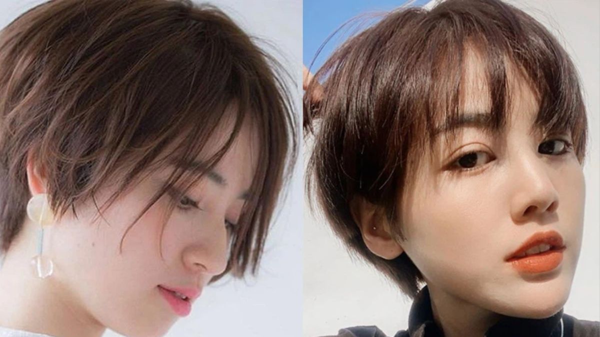 Hai người với kiểu tóc ngắn khác nhau, một người nhìn xuống, người kia nhìn thẳng, nền màu sáng.