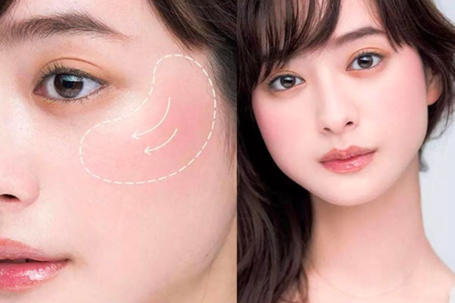 Cận cảnh khuôn mặt với vùng má được đánh dấu bằng đường kẻ, thể hiện cách chăm sóc da hoặc trang điểm.