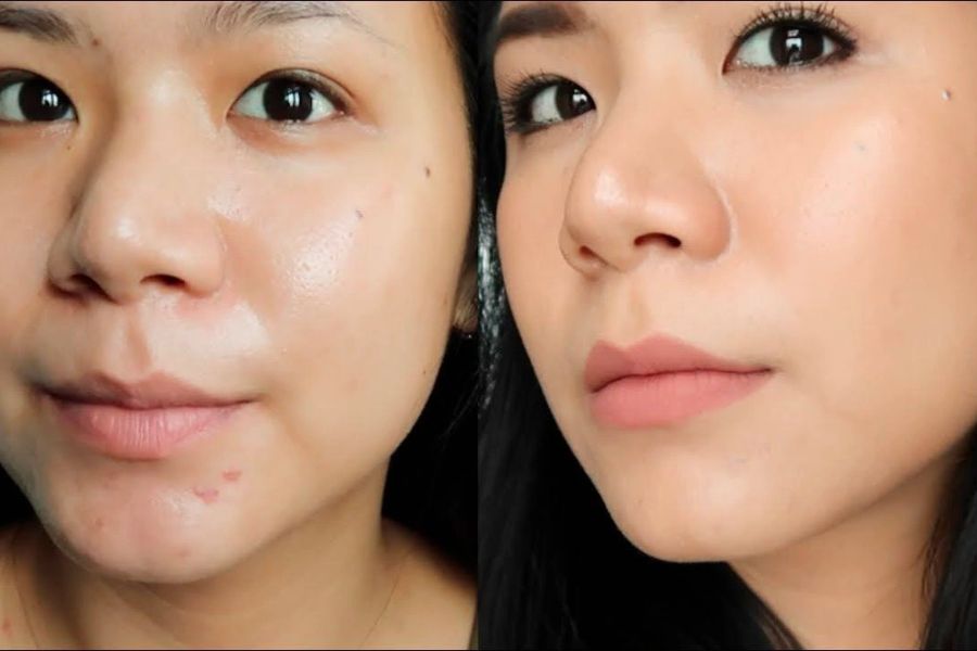 Hình ảnh so sánh khuôn mặt trước và sau khi trang điểm, hiển thị sự khác biệt về làn da và trang điểm.