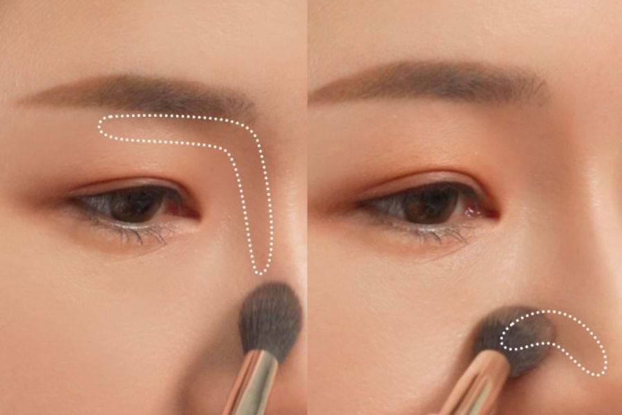 Hướng dẫn trang điểm mắt với bút kẻ mày và cọ trang điểm trên vùng mắt, có đường viền chỉ dẫn.