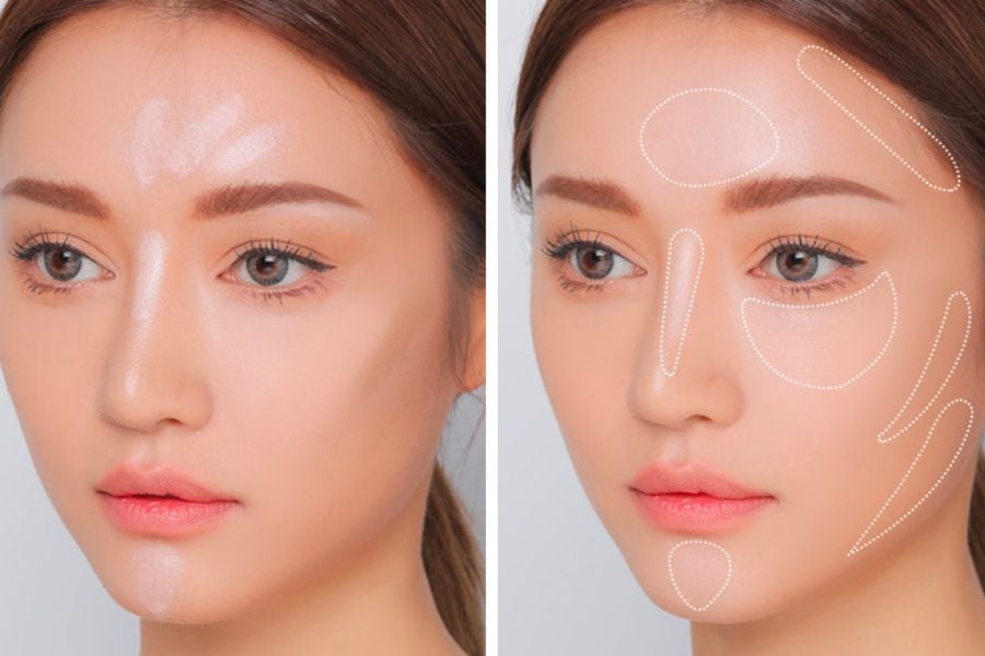 Hai h&igrave;nh ảnh người phụ nữ với c&aacute;c v&ugrave;ng tr&ecirc;n khu&ocirc;n mặt được đ&aacute;nh dấu để trang điểm hoặc tạo khối.