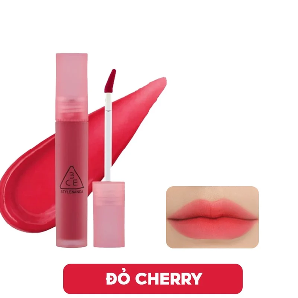 Hình ảnh son kem màu đỏ cherry với cọ kèm theo và mẫu môi được tô son.