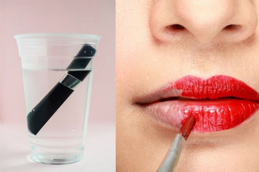 5-luu-y-khi-dung-son-kem_024cc18b9bb6437ab43659c158e8fb95 Chiếc dao trong cốc nước và người đang tô son đỏ, tạo sự đối lập về màu sắc và chủ đề.