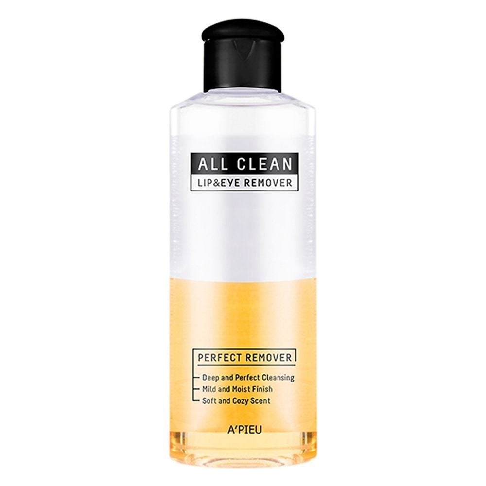 Chai dung dịch tẩy trang môi và mắt, nắp đen, nhãn ghi "All Clean Lip & Eye Remover", hai tầng chất lỏng.