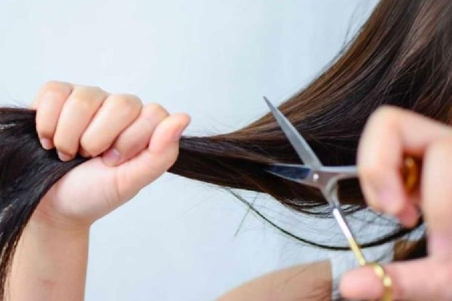 Người đang dùng kéo cắt một lọn tóc dài màu nâu, tay giữ tóc chắc chắn.
