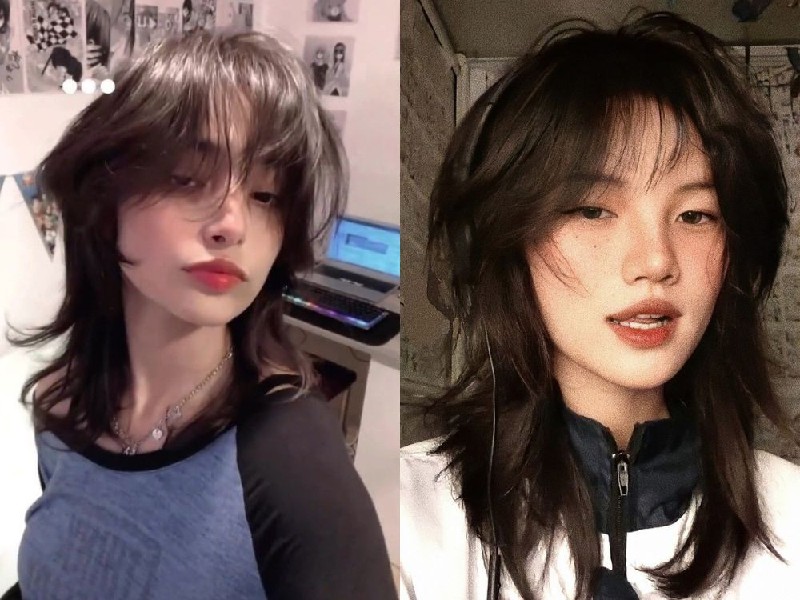 "20 Kiểu Tóc Mullet Nữ Đẹp: Cá Tính và Thu Hút Cho Phái Đẹp" 2 Hai người với kiểu tóc dài, cắt tầng, chụp ảnh tự sướng trong không gian trong nhà.