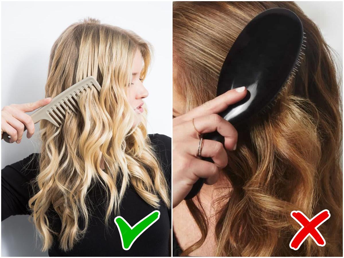 Cách Làm Tóc Xoăn Tại Nhà: Mẹo Giữ Nếp Lâu và Dễ Thực Hiện 10 Người chải tóc xoăn bằng lược răng thưa bên trái, lược bàn chải bên phải, với dấu kiểm xanh và dấu chéo đỏ.