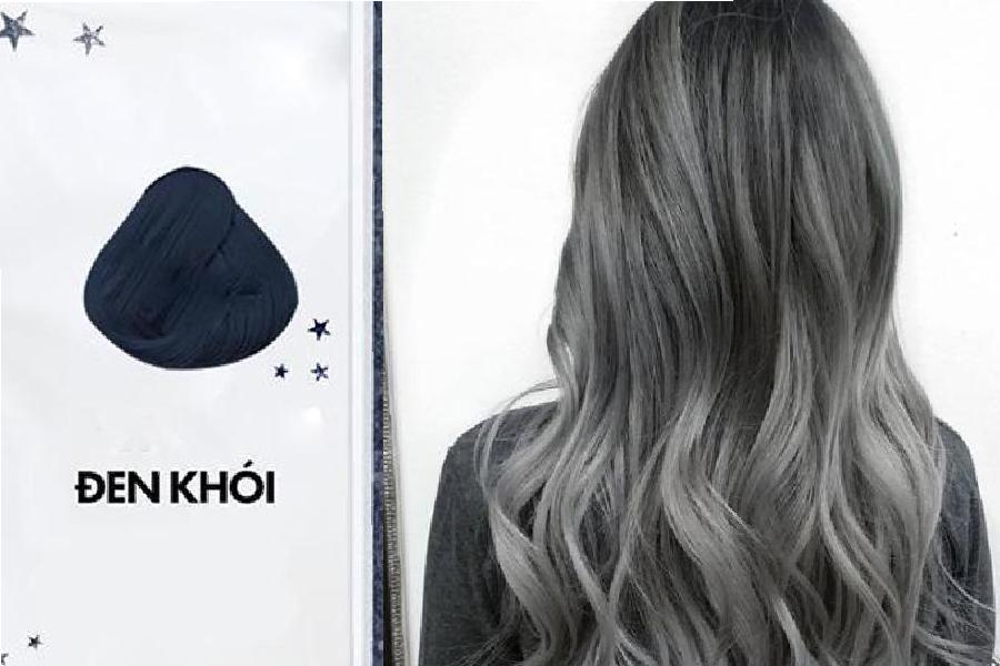 20 Kiểu Tóc Đen Đẹp Giúp Nàng Trẻ Trung và Hack Tuổi Hiệu Quả 2 Mẫu tóc dài màu xám khói, bên cạnh là bảng màu đen khói với hình minh họa.