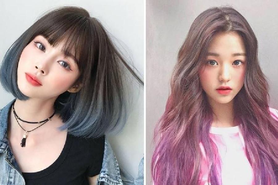 20 Kiểu Tóc Đen Đẹp Giúp Nàng Trẻ Trung và Hack Tuổi Hiệu Quả 9 Hai người mẫu với kiểu tóc nhuộm khác nhau, một người tóc ngắn màu xanh và người kia tóc dài màu tím.