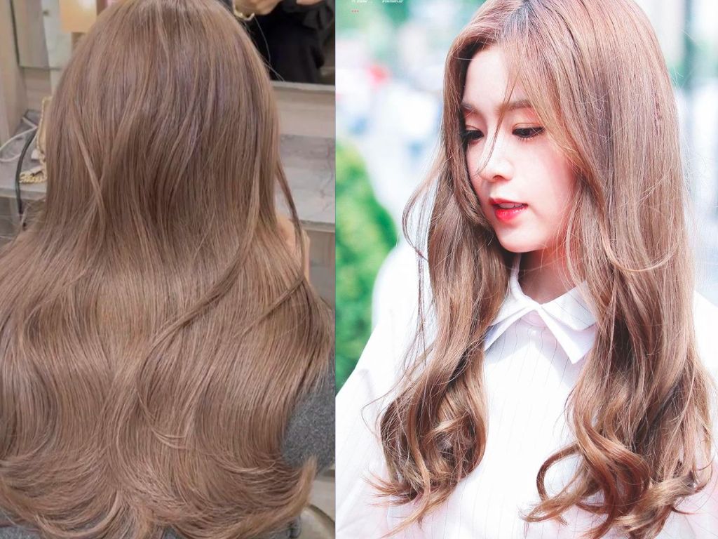 Top 20 Màu Tóc Nâu Hạt Dẻ Tự Nhiên Đẹp và Phổ Biến Nhất 6 Hình ảnh hai kiểu tóc dài màu nâu sáng, một từ phía sau và một nhìn nghiêng, tóc xoăn nhẹ tự nhiên.