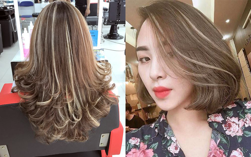 Top 20 Màu Tóc Nâu Hạt Dẻ Tự Nhiên Đẹp và Phổ Biến Nhất 3 Hình ảnh hai kiểu tóc: một dài, xoăn nhẹ và một ngắn, thẳng, cả hai đều có màu nâu sáng với ánh vàng.