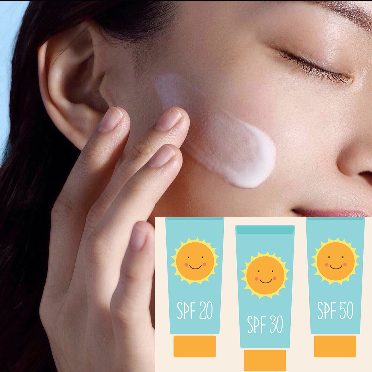 Khám phá 4 bí kíp thay thế kem lót bạn không thể bỏ lỡ! 1 Người đang thoa kem chống nắng lên má, bên cạnh là hình ảnh ba tuýp kem chống nắng có chỉ số SPF khác nhau.