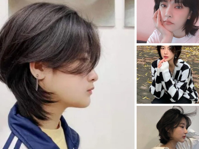 "20 Kiểu Tóc Mullet Nữ Đẹp: Cá Tính và Thu Hút Cho Phái Đẹp" 3 Người có tóc ngắn, mặc áo khoác xanh và áo trắng, thể hiện nhiều biểu cảm khác nhau trong bốn bức ảnh.