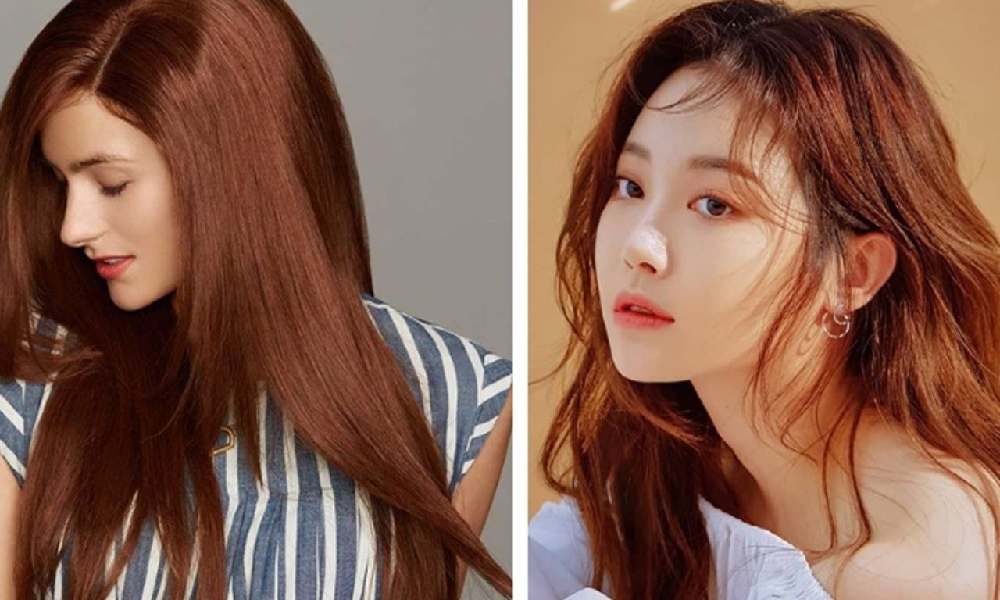 Top 20 Màu Tóc Nâu Hạt Dẻ Tự Nhiên Đẹp và Phổ Biến Nhất 5 Hai phụ nữ với tóc dài màu nâu đỏ, một người nhìn xuống, người kia nhìn về phía trước.