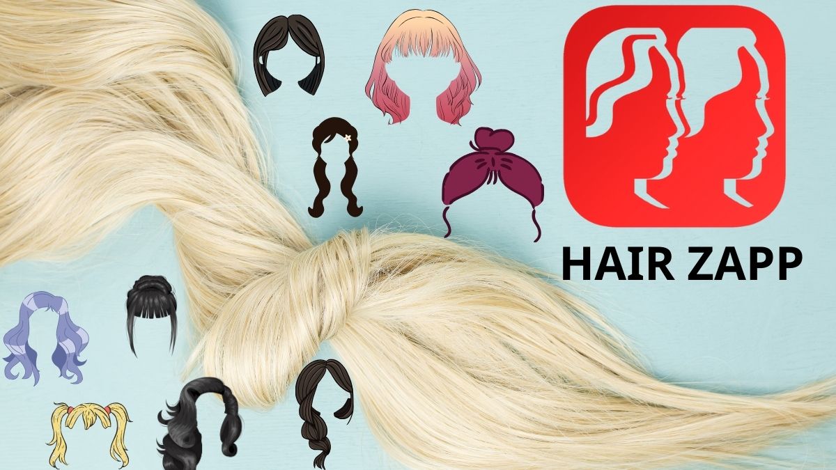 Minh họa tóc giả và logo ứng dụng Hair Zapp trên nền xanh nhạt, với nhiều kiểu tóc khác nhau.
