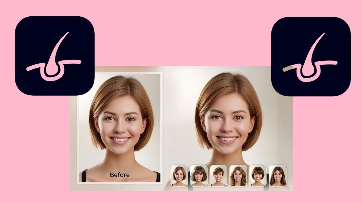 ai-tao-kieu-toc-3 Hình ảnh minh họa so sánh kiểu tóc trước và sau, với nhiều lựa chọn tóc khác nhau trên nền hồng.