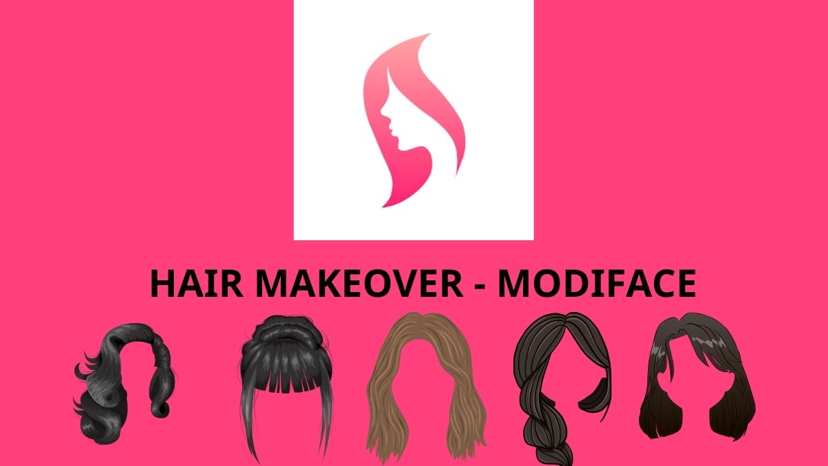 ai-tao-kieu-toc-7 Logo và hình ảnh các kiểu tóc trên nền hồng, kèm chữ "Hair Makeover - ModiFace".