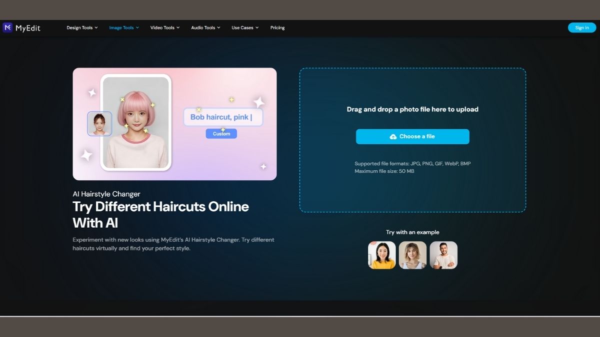 ai-tao-kieu-toc-9 Giao diện trang web chỉnh sửa kiểu tóc AI với các tùy chọn tải ảnh và ví dụ kiểu tóc.