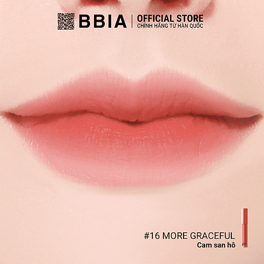 Hình ảnh đôi môi được tô son màu cam san hô, kèm thông tin sản phẩm BBIA #16 More Graceful.