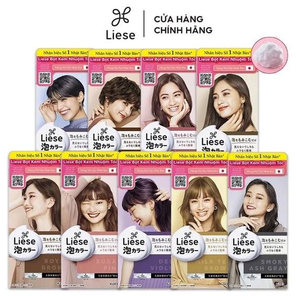 Các hộp thuốc nhuộm tóc Liese với hình ảnh người mẫu và màu sắc khác nhau, được xếp hàng theo hai hàng.
