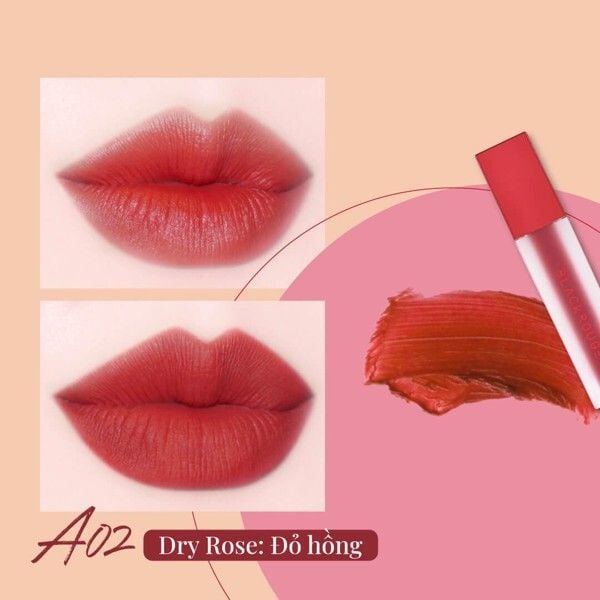 Hình ảnh son môi màu đỏ hồng với hai ảnh cận cảnh môi và cây son, có nhãn "Dry Rose: Đỏ hồng".