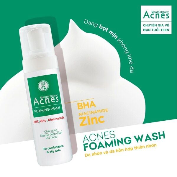 Chai sữa rửa mặt tạo bọt với thành phần BHA, Niacinamide và Kẽm, dành cho da nhờn và da hỗn hợp thiên nhờn.