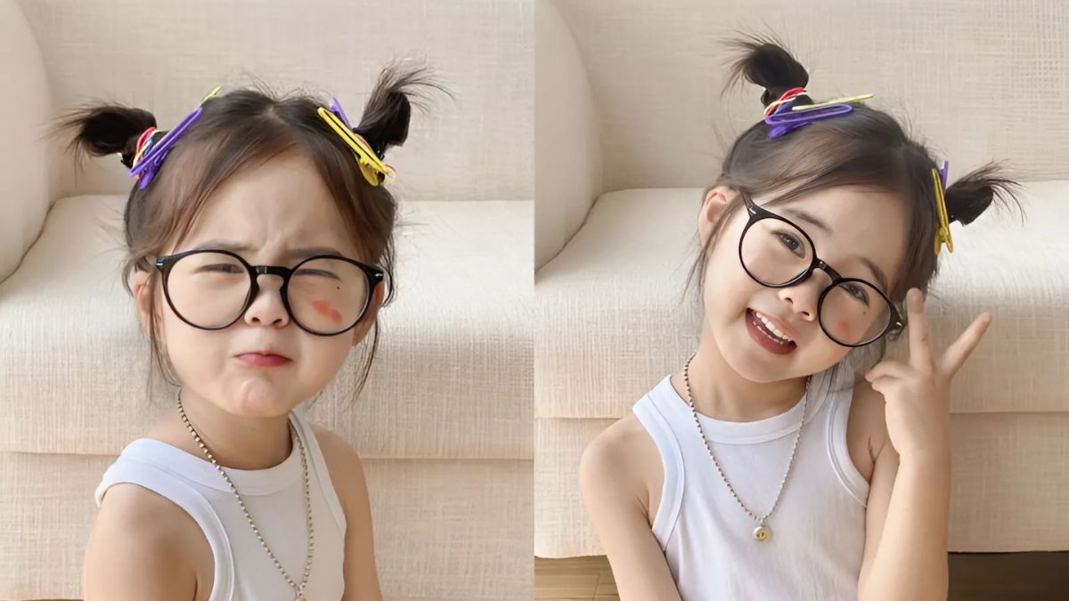 buoc-toc-cho-be-gai-12 Bé gái đeo kính, tóc buộc hai chùm với kẹp nhiều màu, biểu cảm hài hước và vui vẻ trong hai bức ảnh.
