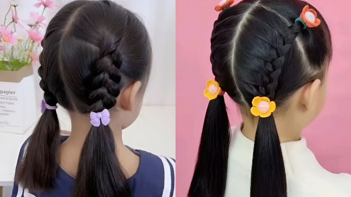 buoc-toc-cho-be-gai-5 Hai kiểu tóc tết cho bé gái với phụ kiện nơ tím và hoa vàng, nền trắng và hồng.