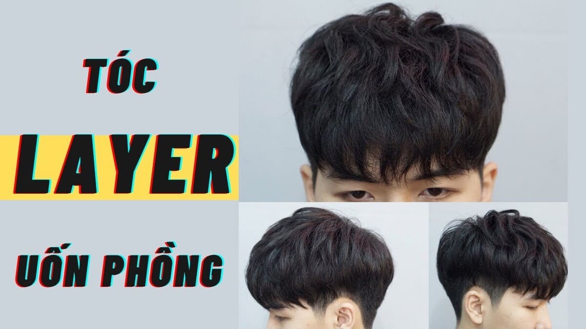 Kiểu tóc layer uốn phồng với ba góc nhìn khác nhau, chữ "Tóc Layer Uốn Phồng" ở phía bên trái.