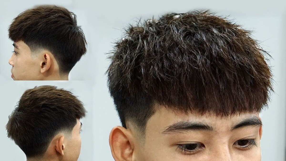 Kiểu tóc nam cắt ngắn hai bên, đỉnh đầu để dài hơn, nhìn từ nhiều góc độ khác nhau.