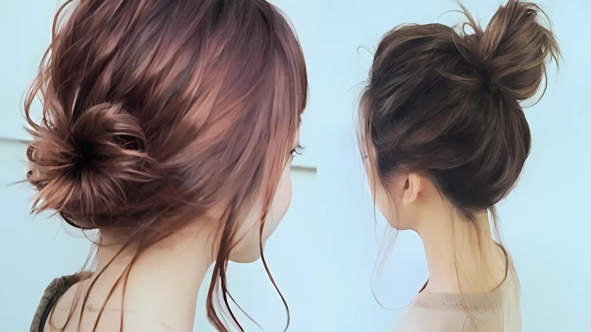 cach-buoc-toc-ngan-7 Hai kiểu tóc búi cao đơn giản, nhìn từ phía sau trên nền trắng và xanh nhạt.