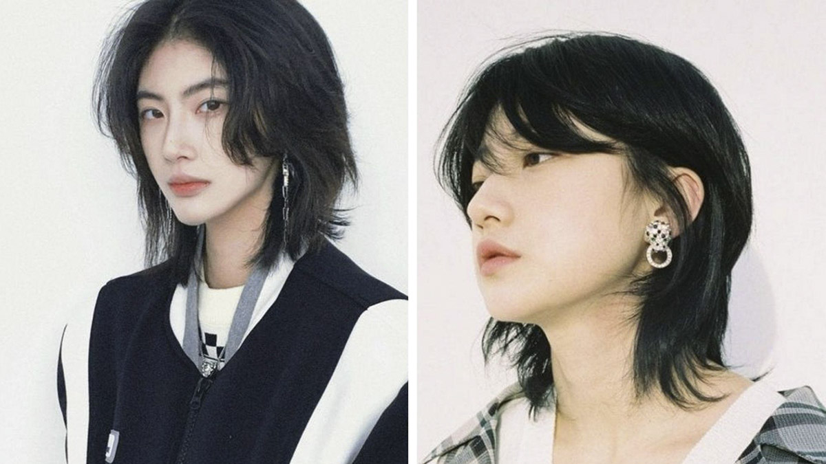 cach-cat-toc-layer-tai-nha-5 Hai người với kiểu tóc mullet và khuyên tai lớn, một người nhìn thẳng, một người nhìn nghiêng.