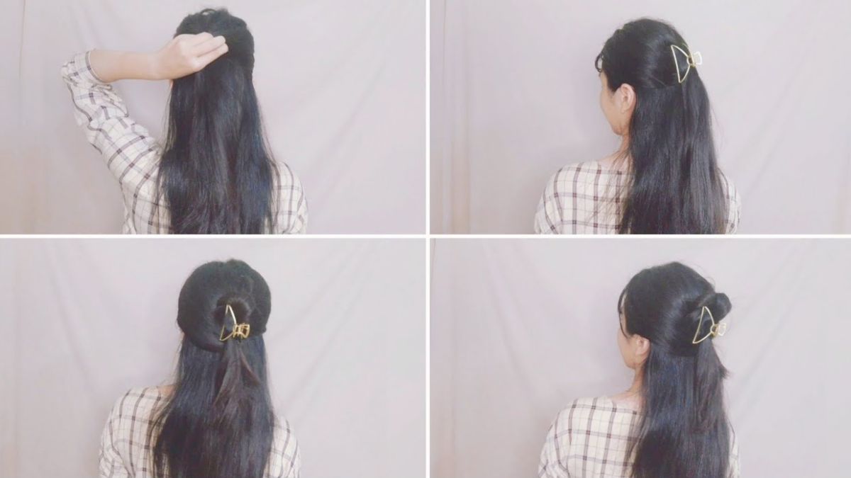 Người mặc áo caro, tóc dài, đang tạo kiểu tóc với kẹp hình tam giác. Bốn bước tạo kiểu tóc đơn giản.