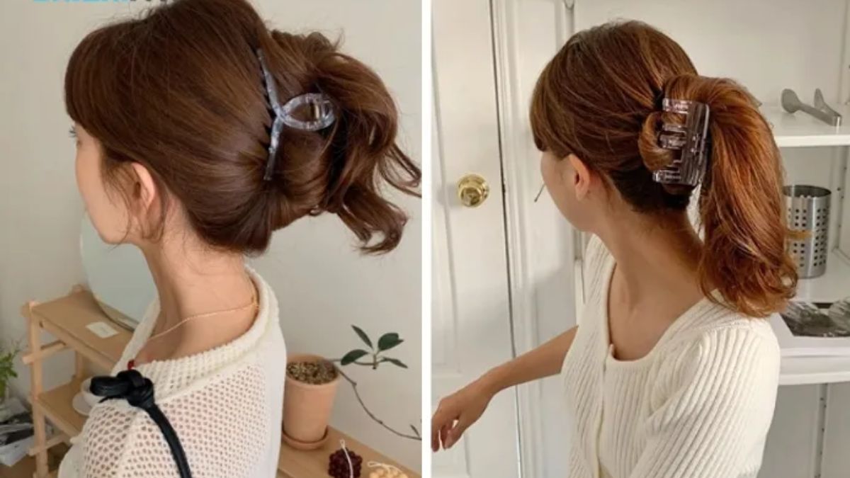 Hai kiểu tóc búi với kẹp nhựa, một bên tóc búi cao, một bên tóc búi thấp.