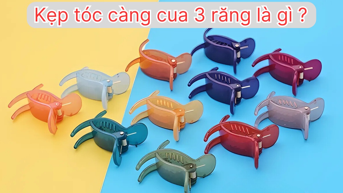 cach-kep-toc-cang-cua-3-rang-1 Hình ảnh gồm nhiều kẹp tóc càng cua ba răng đa màu sắc đặt trên nền xanh và vàng.